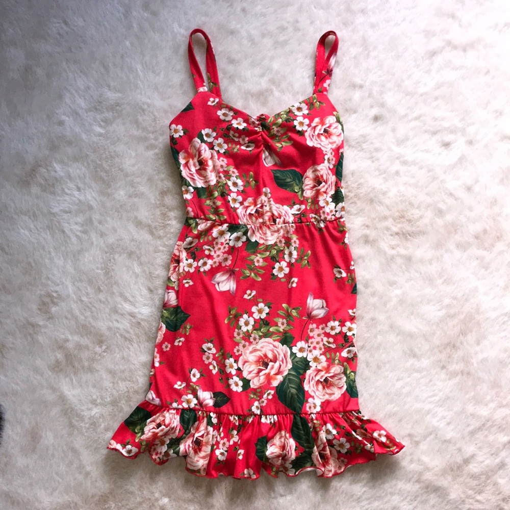 ASOS Floral Mini Dress w/Lace Up Back & Ruffle Hem